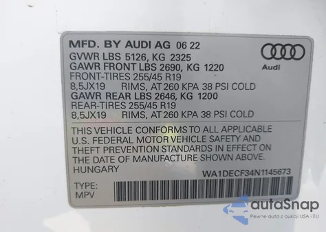 2022 Audi Q3 Premium 45 Tfsi S Line Quattro Tiptronic z USA, uszkodzony, nr VIN WA1DECF34N1145673